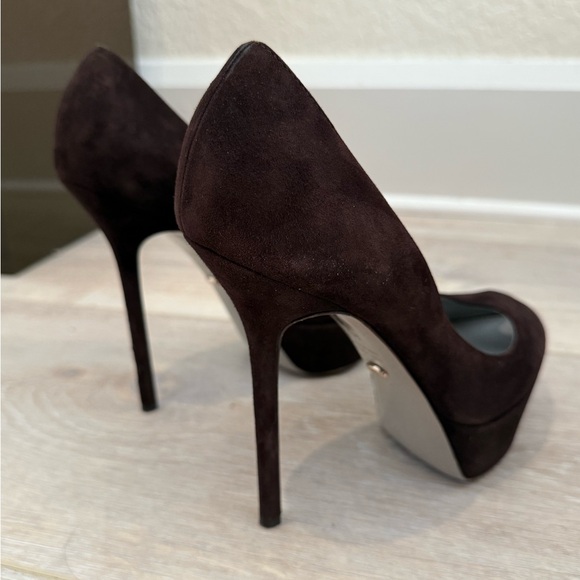$845 SERGIO ROSSI Dark Chocolate Brown Suede Peep Toe Platform Heels Pumps 39.5 - Picture 5 of 14